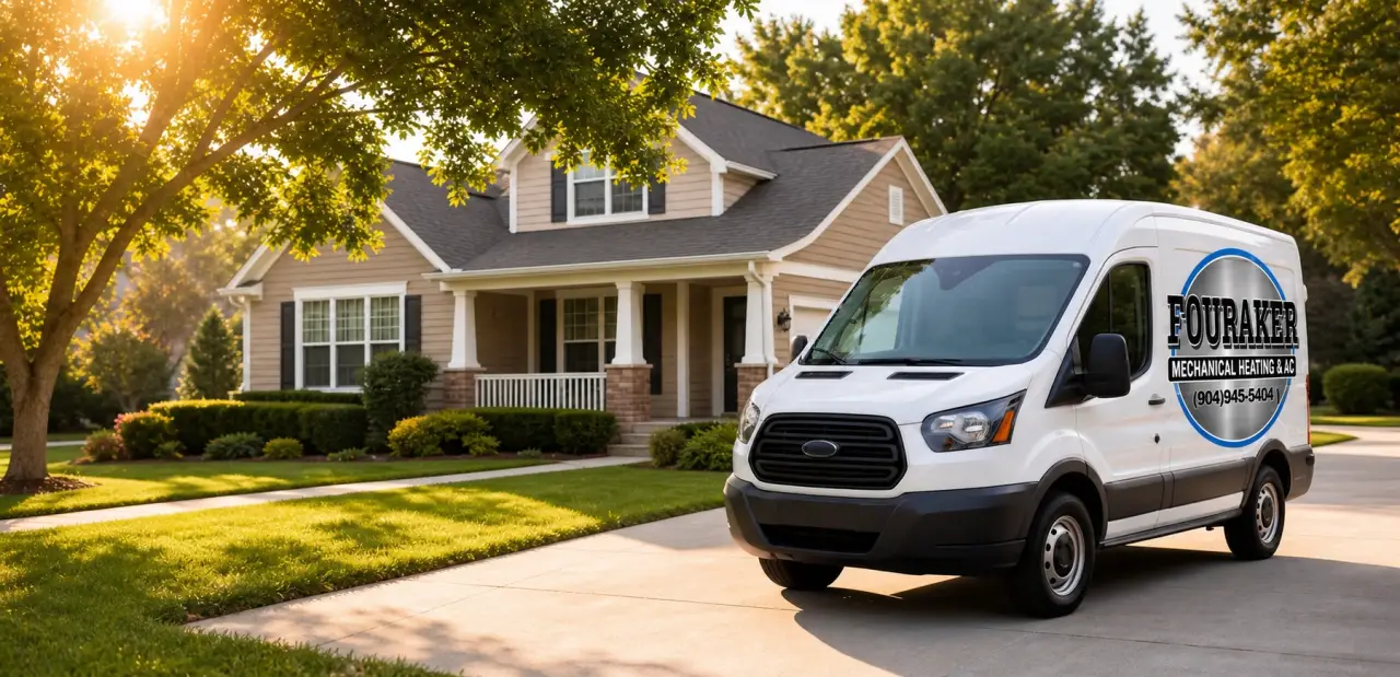 Fouraker Mechanical HVAC service truck parked in front of a home
